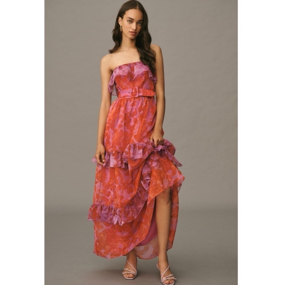 Anthropologie Strapless Tiered Ruffle Maxi Dress Pink Red Belted Size Large